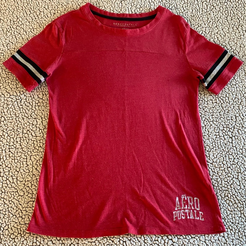 Aeropostale Round Neck Brooklyn Graphic Sporty Tee Shirt Size XS Red Silver